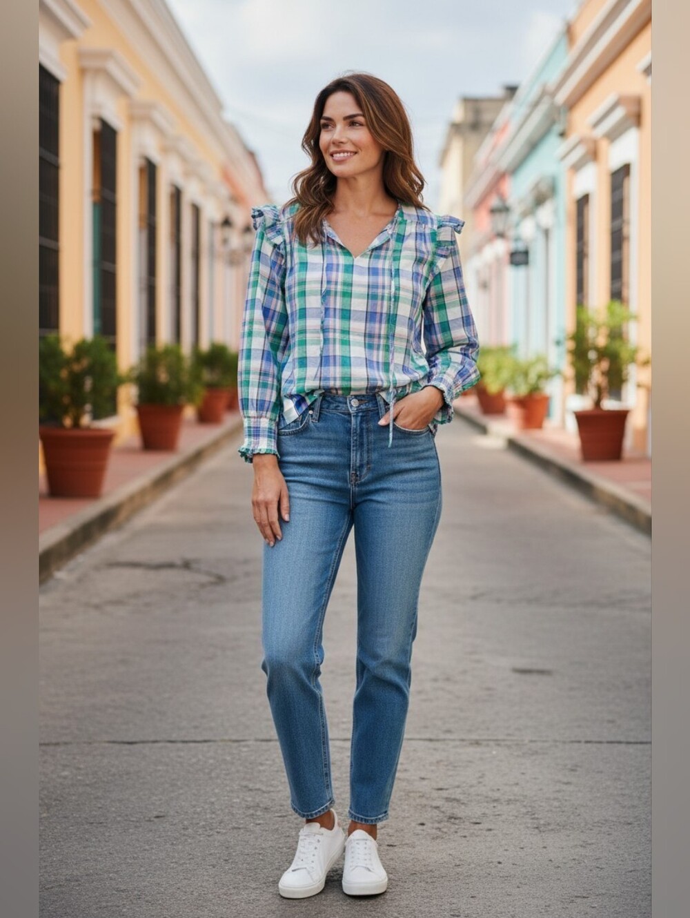 LOFT Green, Blue & White Plaid Ruffle-Sleeve Blouse